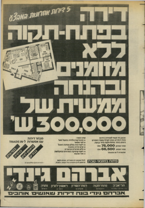 העולם הזה - גליון 2384 - 11 במאי 1983 - עמוד 30 | מבצע חד פעמי למכירת 5דירות בנות 4חדרים בבנין יוקרת• באחד האזורים היפים ביותר בפתחתקוה ברח׳ בן־צבי. מחיר מחיחן 7 5 , 0 0 0דולר מחיר מבצע 6 6 , 5 0 0זזלר אפשרות