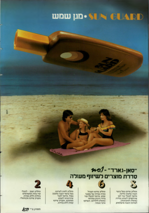 העולם הזה - גליון 2384 - 11 במאי 1983 - עמוד 51 | דג ש 1* 01 - ״סאן־גארד״ סדרת מוצרים לשיזוף מעולה 6 תחליב שיזוף בעל כושר הגנה(סינון) מירבי. מיועד לבעלי עור לבן שרגישותו לשמש גבוהה. (מומלץ לתינוקות). לשיזוף