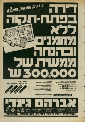 העולם הזה - גליון 2385 - 17 במאי 1983 - עמוד 62 | מבצע חד פעמי למכירת 5ד רו ת בנות 4חדרים בבניו •וקרת׳ באחד האזורים היפים ביותר בפתח־תקוה ברח׳ בן־צבי. מחיר מחירון מחיר מבצע 7 5 ,0 0 0 6 6 ,5 0 0זזלר דולר