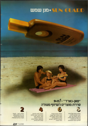 העולם הזה - גליון 2387 - 1 ביוני 1983 - עמוד 58 | דנ ש ״סאן־גארד״ 1* 01- סדרת מוצרים לשיזוף מעולה תחליב שיזוף בעל בושר הגנה(סינון) מירבי. מיועד לבעלי עור לבן שרגישותו לשמש גבוהה. (מומלץ לתינוקות). לשיזוף והגנה