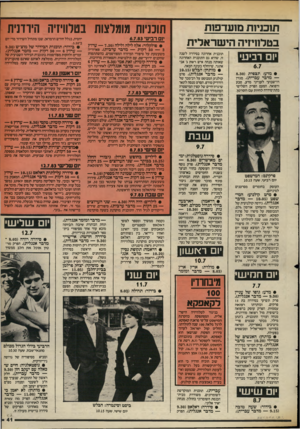 העולם הזה - גליון 2392 - 6 ביולי 1983 - עמוד 42 | תוכניות מועדפות בטלוויזיה הישראלית יום רביעי • מדע: תצפית (8.30 — מדבר עברית) .מגזין דו־שבועי לענייני מרע, טבע ורפואה. הפעם הפרק השלישי בתת־סידרה לחיות עם
