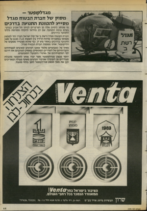 העולם הזה - גליון 2394 - 20 ביולי 1983 - עמוד 11 | מגדלקופטר - מסוק של חברת הבטוח מגדל מסייע להכוונת התנועה בדרכים מי שנוסע בימים אלה מן הפרברים לכיוון תל־אביב בבוקר, בשיא עומס התנועה, שם לב בוודאי להקלה מסוימת