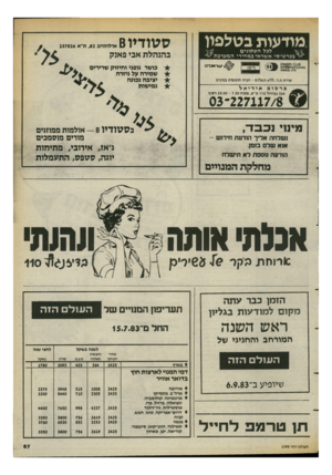 העולם הזה - גליון 2398 - 17 באוגוסט 1983 - עמוד 67 | ,מודעות בטלפוו לכל ה ע תונים ״ ^ בכרטיסיא שר אי במחירי המערכת 0 x 18 88$אוס * 1א סוז* אז 0זאו 0ז 1 1 1 ןרזה סטודיו6 בהנהלת אבי פאנק יוווו1**-־ו1 ->- •עוראס־ט