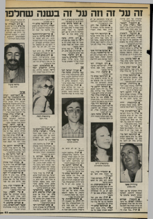 העולם הזה - גליון 2401 - 4 בספטמבר 1983 - עמוד 63 | !ה על זה הה על זה בשנה שחלפו הכלכלית של יורם ארידור: ״ההרידור הוליד עכברידור״. • הרמטכ״ל לשעבר, רפאל (״רפול״) איתן, על ההתנחלויות בגרה :״צריך לשבת מעל שכם,