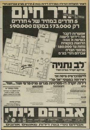 העולם הזה - גליון 2402 - 14 בספטמבר 1983 - עמוד 46 | לאחר ההצלחה הגדולה במכיר ת דירנת בנות 4חדרים מציע אברה ם גינדי 5הדרים במחיר של4הדרים ום 590,000 אפשרות לקבל את דירתך הישנה בשיטת או /\0£אז. הלואות בנקאיות