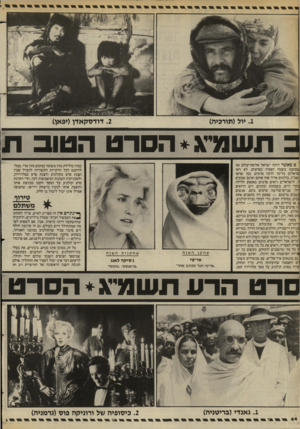 העולם הזה - גליון 2403 - 20 בספטמבר 1983 - עמוד 44 | .2דודסקאזץ(יפאן) .1יול(תורכיה) כ תשסג״ג* הסרט הטוב ת ם כאשר היתה ישראל אלופת־עולם (או ,כמעט) בשטח הצפיה בסרטים, לא ראו סראלים כל־כך הרבה סרטים, כמו שראו שמ״ג.
