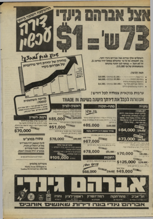 העולם הזה - גליון 2409 - 2 בנובמבר 1983 - עמוד 56 | השקלים שלך שווים אצל אברהם גינרי יותר. אין חוכמות! כל 73ש׳ שתשלם בפועל יהיו שווים .$1 זה לא הכל ־־ בנוסף לכך תזכה בהנחת משמעותית של עד .$15,000 תנאי רכישה׳, מ