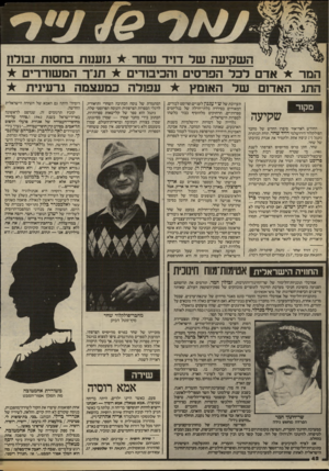 העולם הזה - גליון 2416 - 21 בדצמבר 1983 - עמוד 42 | השקיעה של דויד שחר גזענות בחסות זבולן! המר ״אדם רכל הפרסים והביבח־ים * תנ״ך המשוררים * התג האדום של האומץ עפולה כמעצמה גרעינית מקור --שקי ע ההחודש ראה־אור