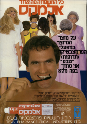 העולם הזה - גליון 2421 - 25 בינואר 1984 - עמוד 54 | כל המשפחה פה אחד ׳ על מוצר המיוצר ! ;במפעלי תפרמצבטיק (תרופות) טבע אני סומך בפה מלא ׳אלמקס׳-חיסכון! ולא רק חיסכון כספי! כשהשיניים בריאות אתה חוסך בהוצאות על