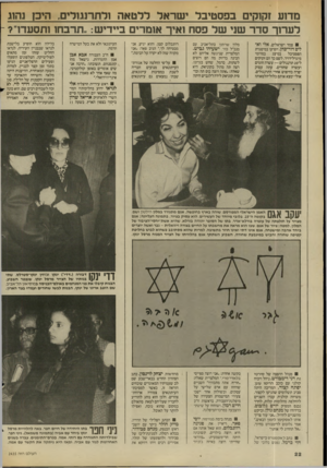 העולם הזה - גליון 2435 - 2 במאי 1984 - עמוד 22 | מדוע זקוקים בפסטיבל ישראל ללטאה ולתרנגולים, היכן נהוג לערוך סדר שני שר פסח ואיך אומרים ביידיש :״תרבחו ותסעדו״? צמד ישראלים, אלי ואלים דור־כהן, יופיעו במיסגרת
