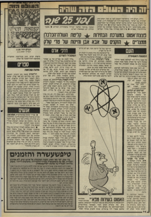 העולם הזה - גליון 2436 - 9 במאי 1984 - עמוד 75 | 1ה היה חשפסה 1ה שהיה גילדן ״העולם הזה״ ,שראדדאור השבוע לפני 25 שנה, הביא תחת הכותרת -פני ישראל״ ,כתבת־שטח לרגל דם העצמאות וד . 11 לצורך כך התפרשו כתבי העיתון