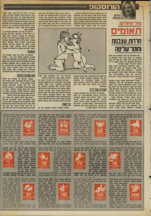 העולם הזה - גליון 2438 - 23 במאי 1984 - עמוד 48 | הורוסהוס מרים בוימי]י מזל החודש: חרדות, עצבנות והרגשה של חוסר שלישה - מצבים מעין אלה הניאו את בני תאומים לחוסר שקש וחיפוש אחר דרך חדשה. ושוב נזכיר, שאלה שנולדו