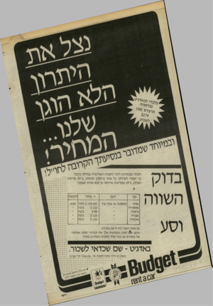 העולם הזה - גליון 2442 - 20 ביוני 1984 - עמוד 9 | ׳ לבך, לנא ! ג ׳ ט בגרמ גי ר׳ מוצדס 90£נ $279 ל ש בו ע ־, ג עו הי ס ד ש מ דגג־ ר בדוק השווה ותגלה שבאדג׳ט הינה החברה השלישית בגודלה בתבל כך יעמוד לשרותך כל אחד