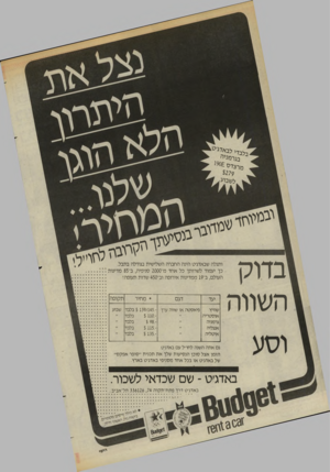 העולם הזה - גליון 2444 - 4 ביולי 1984 - עמוד 50 | בלבדי לבאדג ׳ ט. בג ר מני ה מרבלס ; 90£ 5279 ל ש בו ע׳ וב מיו חד שמדובר בנסיעתך הקרובה בדוק השווה י היז חי ^ ותגלה שבאדג׳ט הינה החברה השלישית בגודלה בתבל כך