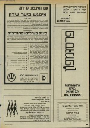 העולם הזה - גליון 2444 - 4 ביולי 1984 - עמוד 66 | זוג נשוי מעוניין בדירת שני חדרים +נולפון להשכרה באזור ת״א שם המיבצע: קו ירוק נליפגש ביער עידון ל מ עוניי מ ם ט ל פון 2 8 2 6 5 0 (ואדי ערה) בשבת, ה־ 7ביולי, מ־