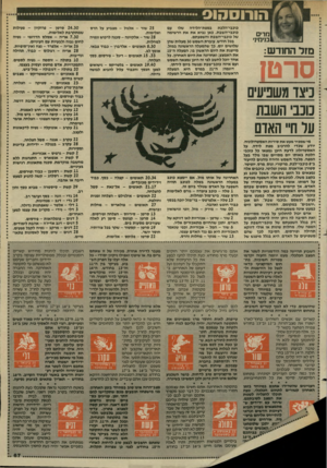 העולם הזה - גליון 2445 - 11 ביולי 1984 - עמוד 68 | הורוסהוס נזרי בנימיני מזל החודש: סרטן כוכבי״הלכת במפת״הלידה שלו עם כוכבי״השבת. כאן נביא את את הרשימה של כוכבי״השבת והשפעתם. בכל חודש, עוברת השמש 30 מעלות שהן