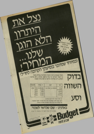 העולם הזה - גליון 2448 - 1 באוגוסט 1984 - עמוד 40 | לבךי לבא לג ב נג ר מניי׳ 7 מרצדס?190 $279 ל ש בו ע ל מיו ח ד ^ודץ^׳ך ל רי ב ון בדוק השווה ותגלה שבאדג׳ט הינה החברה השלישית בגודלה בתבל כך יעמוד לשרותך כל אחד