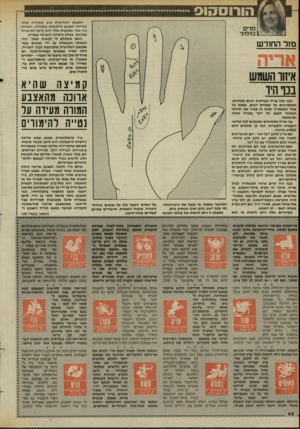 העולם הזה - גליון 2449 - 8 באוגוסט 1984 - עמוד 42 | הורוס הוס זי האצבע השלישית טוב שתהייה שווה * בגודלה לאצבע הראשונה (המורה) .השוויון בין שתי אצבעות אלה הוא סימן לאישיות מאוזנת, בעלת ביטחון והערכה עצמית. ״האם