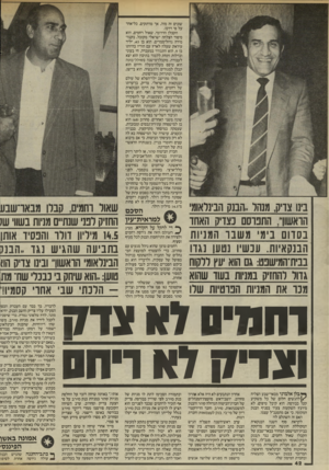 העולם הזה - גליון 2457 - 3 באוקטובר 1984 - עמוד 42 | בינו צדיק, מנהל..הבנק הבינלאומי הראשון״ ,התבדסם בצדיק האחד בסדום בימי משבד המניות הבנקאיות. עכשיו נטען נגדו בבית־המישנט: גם הוא יעץ ללקוח גדוד והחזיק במניות