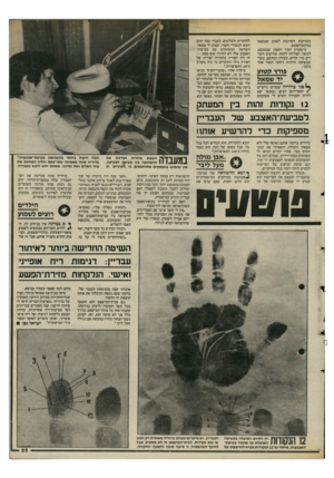 העולם הזה - גליון 2481 - 20 במרץ 1985 - עמוד 25 | בטביעות הקרובות לאותן שנמצאו במקום־הפשע. מישטרת העיר יוסטון שבטכסס, למשל, הצליחה לזהות שלושים חשודים מדי חודש, בעזרת המחשב, בעוד שבשיטה הידנית זיהתה חשוד אחד