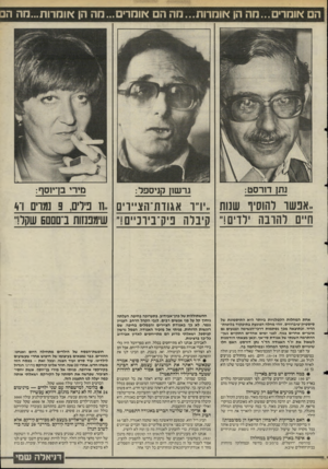 העולם הזה - גליון 2482 - 27 במרץ 1985 - עמוד 37 | הם אומר>ם...מה הן אומרות...מה הם אומר מה הן *ומרות...מה ה נתן דורסט: גרשון קניספל: מירי בן־יוסף: ״אפשר רהוסין ף שנות ״רו־ אגודת־הצ״דים ..וו בידים 9 ,נמוים 1־4