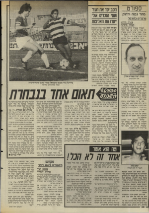 העולם הזה - גליון 2485 - 17 באפריל 1985 - עמוד 43 | ספורט מהר גבוה ורחוק מדברים כדורסל פתרון חידות ונצחון מימונה העובדה שאפילו קירקס מדראנו היה בסדר עדיפות שני עבור התל־אביבי המצוי שרצה לראות אקשיין בעירו מסבירה