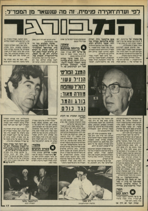 העולם הזה - גליון 2486 - 24 באפריל 1985 - עמוד 17 | רפי ועדת־חקירה פנימית, זה מה שנשאר מז המפד״ד: ^ צבעתי של שר־הדתות, יוסף ( 1בורג, בער נסיעתו של עזר וייצמן לקאהיר עוררה רוגז רב בקרב שרידי אוהדי המפד״ל