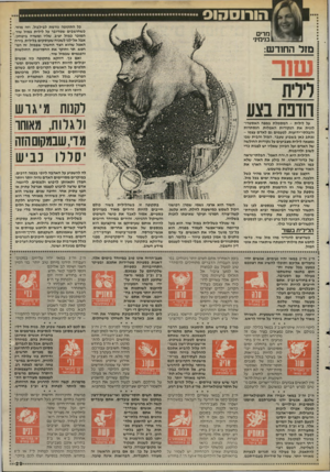 העולם הזה - גליון 2487 - 1 במאי 1985 - עמוד 29 | הורוסהוס כל התקופה גורמת לבילבול. וזה מוזר, כשחושבים שמדובר על לילית במזל שור, המוכר כמזל יציב, שליו ומשרה ביטחון. אבל אל״לנו לשכוח שעוסקים בלילית, בירח האפל