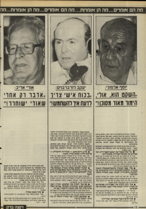 העולם הזה - גליון 2488 - 8 במאי 1985 - עמוד 13 | מה ה אומר...מה הן אומרות...מה הם אומר ...מה הן אומדות...מה יוסף אדמזגי: יעקב לורברבוים: אורי אדיב: ,,השקט הוא, אודי,. .בנוח איש ציי ד ,,אדבר רס אחרי הימור מאוד