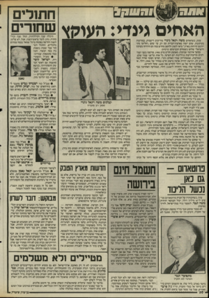 העולם הזה - גליון 2509 - 2 באוקטובר 1985 - עמוד 31 | חתודיס האחים גמדי: העוקץ שחורים עתה, כשהאחים משה ויגאל גינדי מודיעים רישמית, במודעות בעיתונות, שהם ישהו בארצות־הברית זמן רב, עד שהם ״יחליטו מתי יירגעו הרוחות