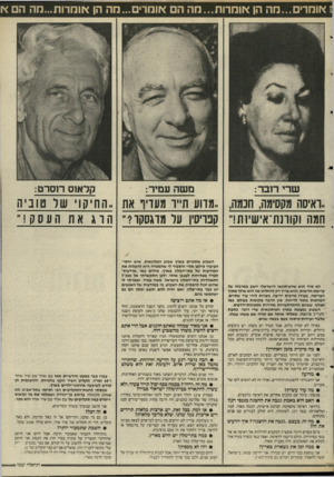 העולם הזה - גליון 2519 - 11 בדצמבר 1985 - עמוד 19 | אומרים...מה הן אומרות...מה ה אוחר•...מה הן אומרות...מה ה * מ שה עמיר: קראוס רוסרט: ״דאיסה מקסימה, חכמה ,״מדוע תייר מעדיוף את ״החיקוי שר טוביה חמה