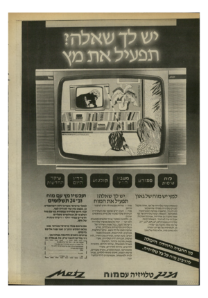 העולם הזה - גליון 2522 - 1 בינואר 1986 - עמוד 14 | למץ יש מוח של גאון יש לך שאלה? תפעיל א ת המוח כשאתה קונה טלויזיה של מץ, אתה מקבל לא רק טלויזיה מעולה שהושקעו בה ידע רב, מחשבה עמוקה וטכנולוגיה מתקדמת. כשאתה