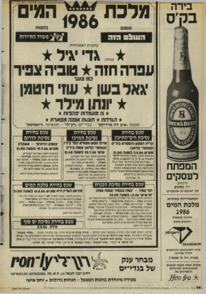העולם הזה - גליון 2549 - 9 ביולי 1986 - עמוד 24 | בקס מלכת 1986 מטעם המי בחסות משרד התיירות ב תכני תהא מנו תי ת: _ גדי יגיל ענד ה חזה טוביה צפיר יגאל בשן עוז׳ חיטטן יונתו מילד כמו צועני 12 מועמדות יפהפיות