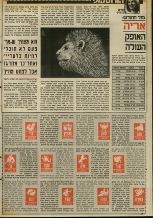 העולם הזה - גליון 2552 - 30 ביולי 1986 - עמוד 34 | מדים בנימיג׳ מזל החודש: א ריו האופג־1 השלה יבצבצו כלפי חוץ בל אותן תכונות המייחדות את האריה משאר המזלות, כשמדובר על אריה תמיד נמצא את המיוחד לו והמבדיל אותו מן