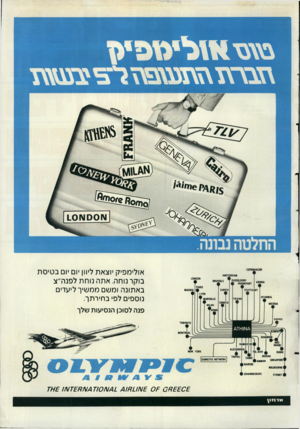 העולם הזה - גליון 2552 - 30 ביולי 1986 - עמוד 43 | אולימפיק יוצאת ליוון יום יום בטיסת בוקר נוחה. אתה נוחת לפנה״צ באתונה ומשם ממשיך ליעדים נוספים לפי בחירתך. פנה לסוכן הנסיעות שלר