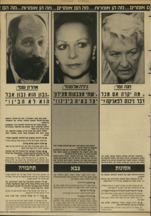 העולם הזה - גליון 2575 - 6 בינואר 1987 - עמוד 29 | ם אומרים...מה הן אומרו ת...מ ה הם אומרים ...הה הן *ומרות...כזה הם: ציון צפריר א הרון ש מי: ,מה קוה אם מנ ר ״׳שת אצבעות מצירו! דבר ניכנס לפאניקה יצר בוניה