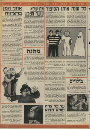 העולם הזה - גליון 2583 - 4 במרץ 1987 - עמוד 21 | י כל שנה אותו הסיפור מה שלא הנה זה מגיע שוב, הפורים הזה, שאמור להיות חג עליז ומצחיק, אבל הוא תמיד נגמר בדמעות בגלל הגשם והביטולים של העדלאידעות. נכון שהכל יקרה