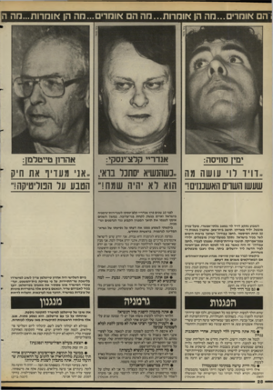 העולם הזה - גליון 2587 - 1 באפריל 1987 - עמוד 28 | הם אומרים...מה הן אומרות...מה ה אוחרים...חה הן אוחרות...חה ה ימין סחיסה: אנדריי קלציינסקי: אהרון טייטרמן: ..דויד רו׳ עושה מה .,כשהנשיא יסתכל בואי.. ,אני מעדיו