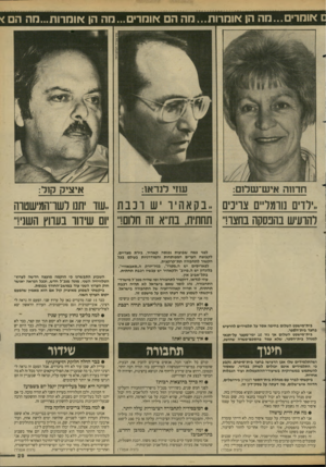 העולם הזה - גליון 2615 - 13 באוקטובר 1987 - עמוד 29 | 0אומרים...מה הן אומרות...מה הם אומרים ...נזה הן אומרות...הה הם < איציק קוד: ״דדים בוומר* צריכים ,.בקאהיו יש ונבח ..שד יתנו לשדהמישטוה להרעיש בהפסקה בחצו!״