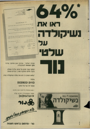 העולם הזה - גליון 2640 - 6 באפריל 1988 - עמוד 17 | ראו את נשיקודדה חברת ״שילוב״ -שירות׳ יעוץ ומחקר, ערכה סקר חשיפה לנשיקולדה. הסקר נערך פנים אל פנים, על־פ׳ שאלון בקרב מדגם שהקיף 1,160 גברים ונשים. * 640/0השיבו
