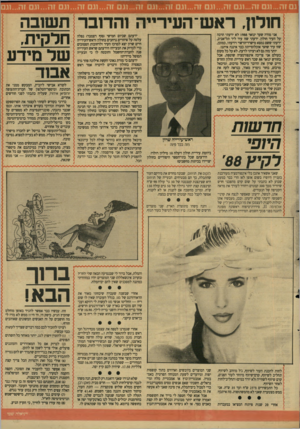 העולם הזה - גליון 2646 - 18 במאי 1988 - עמוד 21 | חולון. ראש־העירייה והדובר תשובה אני מודה שעד ינואר 1988 לא ידעתי הרבה על העיר חולון. ידעתי שזו עיר ליד תל־אביב, ידעתי ששם נמצא מישרד־הרשוי וידעתי, כמובן, שזו