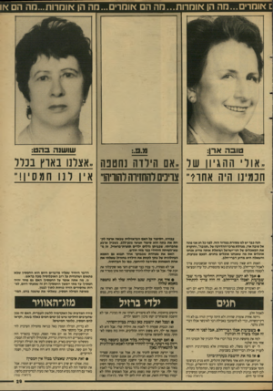 העולם הזה - גליון 2646 - 18 במאי 1988 - עמוד 29 | סאומרים. ..מה הן אומרות...מה הם אומרים ...מה הן אומרות...מה הם או טובה ארן: שושנה בהט: ,.אור׳ ההגיון של .,אם הילדה נחטפה ,,אצלנו בארץ בכלל חכמינו היה אחר?״