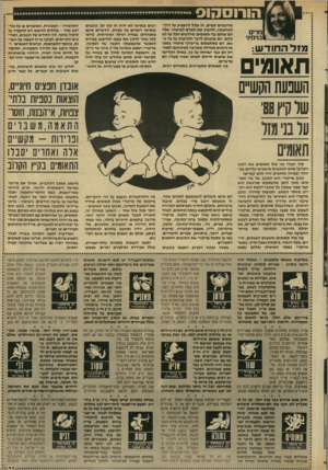 העולם הזה - גליון 2648 - 1 ביוני 1988 - עמוד 31 | מז ל החודש: תאומי בהיבטים קשים, זה עלול להשפיע על דרך־ המחשבה, ולהפוך אתה אד ם לשיטחי. אלה הם או ת ם בני תאומים שיודעים הכל על לא כלום. הם מוכנים לדבר ולהרצות