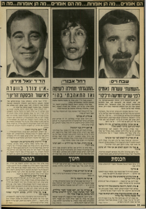 העולם הזה - גליון 2657 - 3 באוגוסט 1988 - עמוד 30 | הם אומרים...מה הן אומרות...חה ה אומרים...מה הן אומרות...מה ה שבח ו״ס: רחל אסרי: הד״ד יגאל מירון: ..השמגעת עשרות נאומים ,.התנגדת תחילה לשיטה ,.אין צווו בוועדה