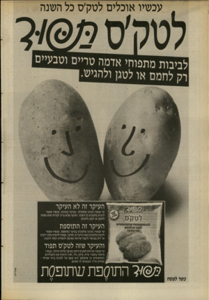העולם הזה - גליון 2694 - 18 באפריל 1989 - עמוד 18 | לביבות מתפוחי אדמה טריים וטבעי* 0 יהליחחם או לטגן ולהגיש העיקר זה לא העיקר עד עכשיו נהנינו מלטק׳ס • בעיקר בחנוכה. עכשיו אפשר להנות מלטק׳ס כל השנה. העיקר שלא