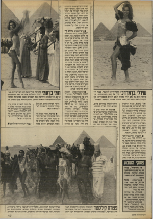 העולם הזה - גליון 2698 - 17 במאי 1989 - עמוד 17 | שירלי בן־מודכי מלכת״היופי לשעבר, בבגד רי קוד על רקע הפירמידות. בן־ מרדכי היא בת לאב יליד קאהיר ולאם ילידת אלכסנדריה. זהו ביקורה השני במצריים, וכבר מזוהה בכינוי