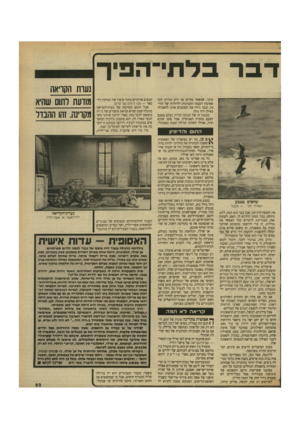 העולם הזה - גליון 2709 - 2 באוגוסט 1989 - עמוד 23 | דבר בלחי הפיך בוגר, שנשאר בחיים אך ורק תודות לכך שאימץ לעצמו התנהגות ילדותית של תחינה, ובכך גירה את הסובבים אותו להאכילו כאילו היה גוזל. מנגנון זה של תגובה