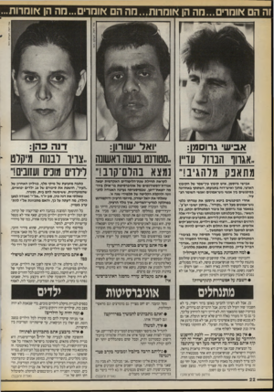 העולם הזה - גליון 2716 - 20 בספטמבר 1989 - עמוד 22 | זה הם אומרים...מה הן אומרות..,מה הם אומרים ...מה הן אומדות... אלי דסה, העולם הזה אבישי גרוסמון: ואל ישורון: ..אגרוף הבוזר עו״ן ..סטודנט נשנה ואשוגה ,,צריו