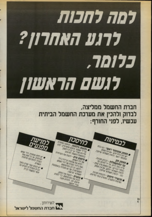 העולם הזה - גליון 2716 - 20 בספטמבר 1989 - עמוד 36 | לסת לחכות לרגע האחרון? כלומר, לגשם הראשון חברת הח שמל ממליצה, לבדוק ולהכין את מערכת הח שמל הביתית עכשיו, לפני החורף: ל שי רו ת ך , חברתהחשמל לי שר