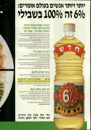 העולם הזה - גליון 2717 - 27 בספטמבר 1989 - עמוד 32 | יותר ויותר אנשים בעולם אומדים: /0״ 6זה 1000/0בשבילי בשורה גשטרונומית חדשה וטעימה לכל שוחרי התזונה הנכונה שבינינו ־ שמן 60/0 לאחר שנות מחקר רבות הצליחו להפיק